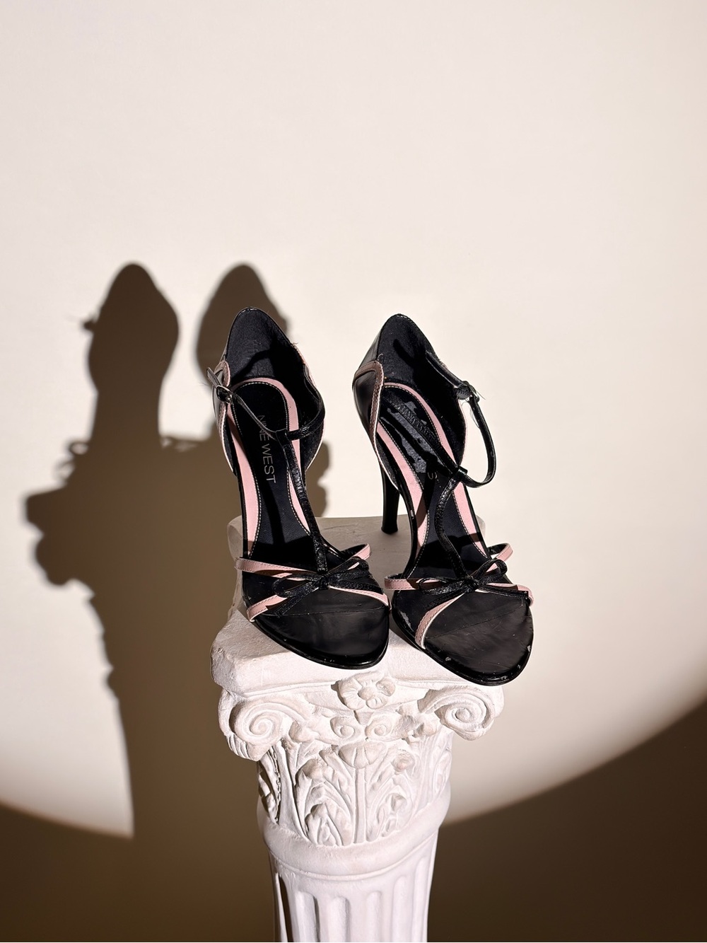 AS IS Y2K Nine West Black T-Strap Heel Sandals with Pink Accents and Bows